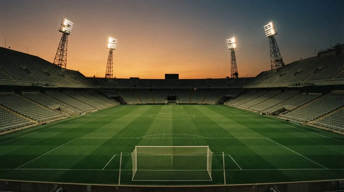 Un estadio de fútbol vacío con torres de iluminación al atardecer