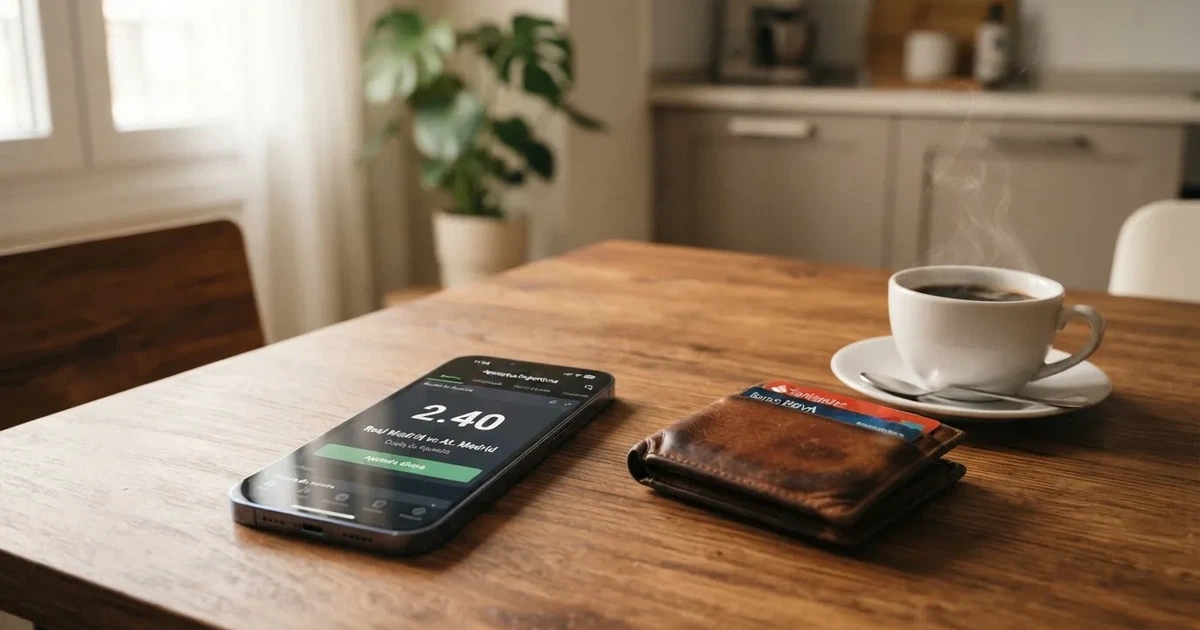 Un móvil sobre una mesa de madera junto a una cartera y una taza de café