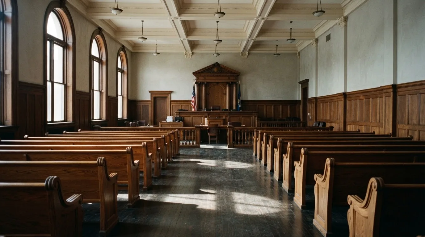 Una sala de tribunal vacía con bancos de madera a la luz de la mañana
