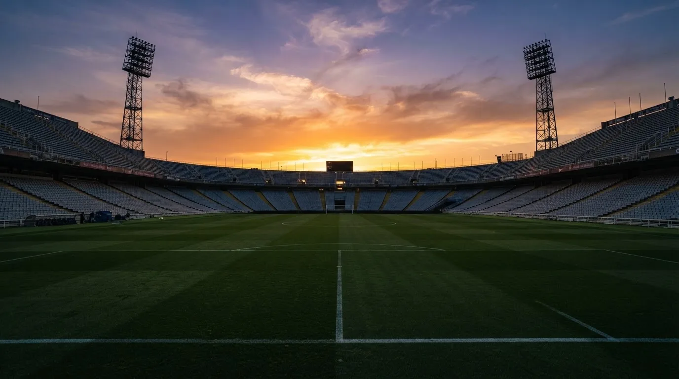 Un estadio de fútbol vacío con torres de iluminación al atardecer