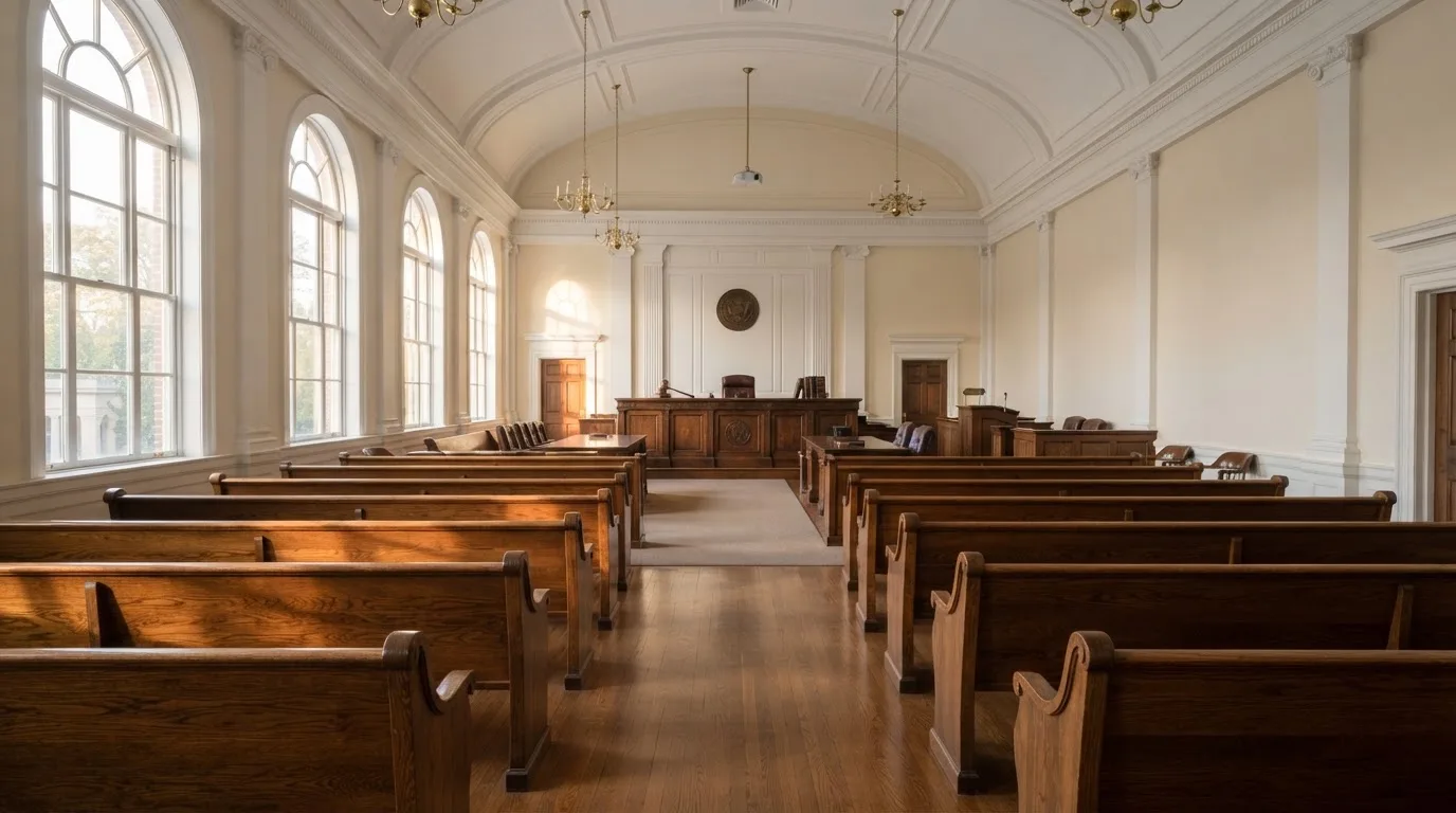 Una sala de tribunal vacía con bancos de madera a la luz de la mañana