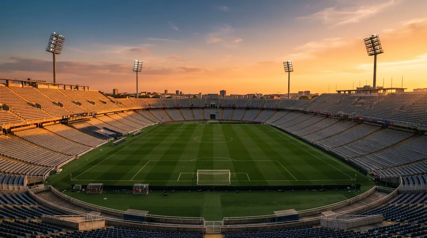 Un estadio de fútbol vacío con torres de iluminación al atardecer