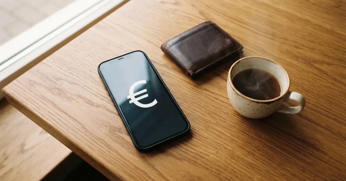Un móvil sobre una mesa de madera junto a una cartera y una taza de café