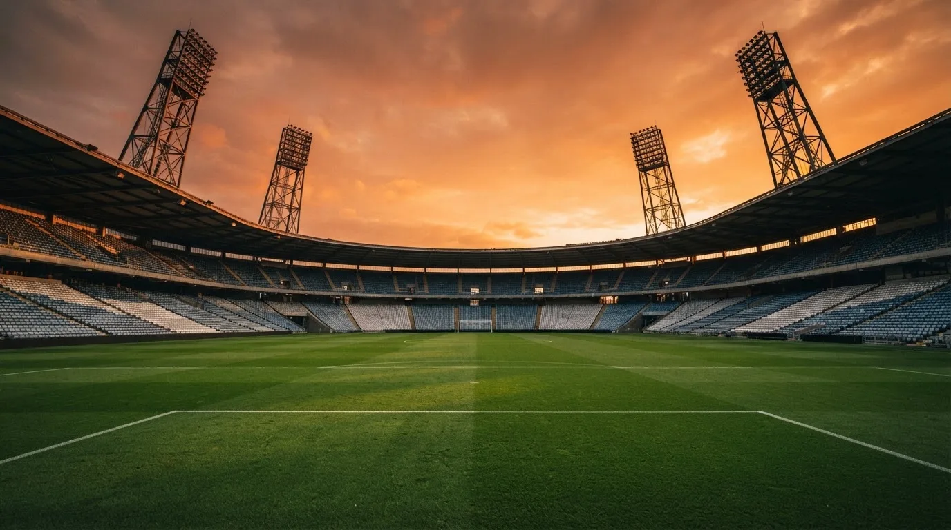 Un estadio de fútbol vacío con torres de iluminación al atardecer