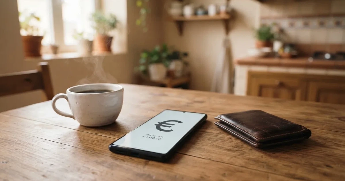 Un móvil sobre una mesa de madera junto a una cartera y una taza de café