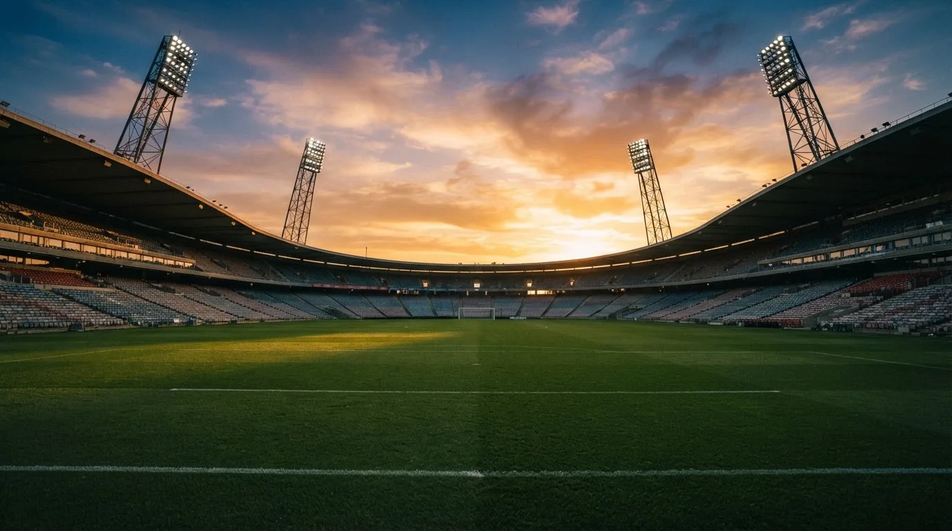 Un estadio de fútbol vacío con torres de iluminación al atardecer