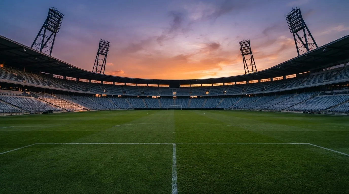 Un estadio de fútbol vacío con torres de iluminación al atardecer