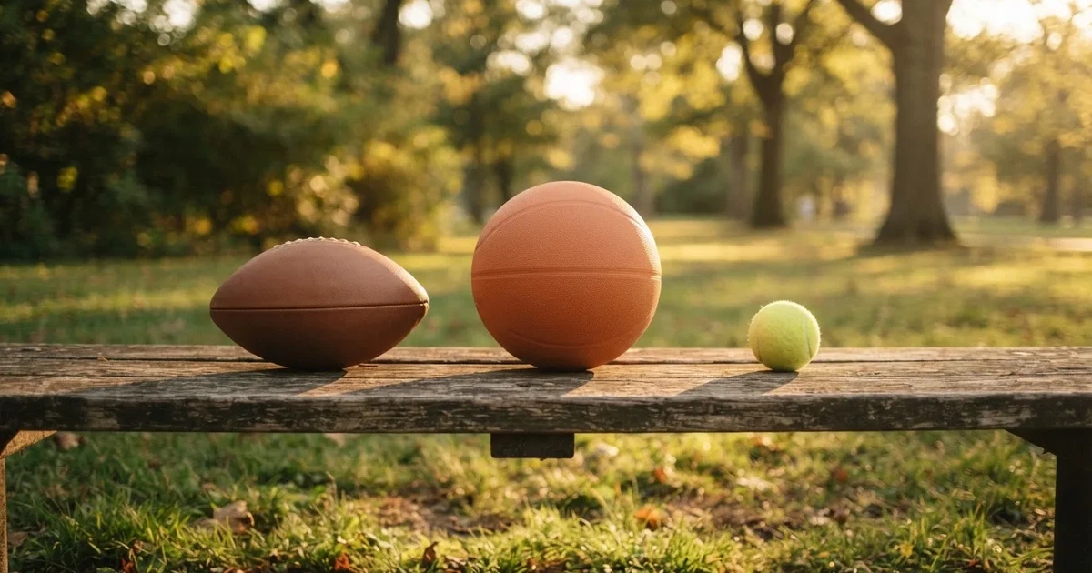 Tres balones de distintos tipos, uno junto a otro, sobre un banco de madera