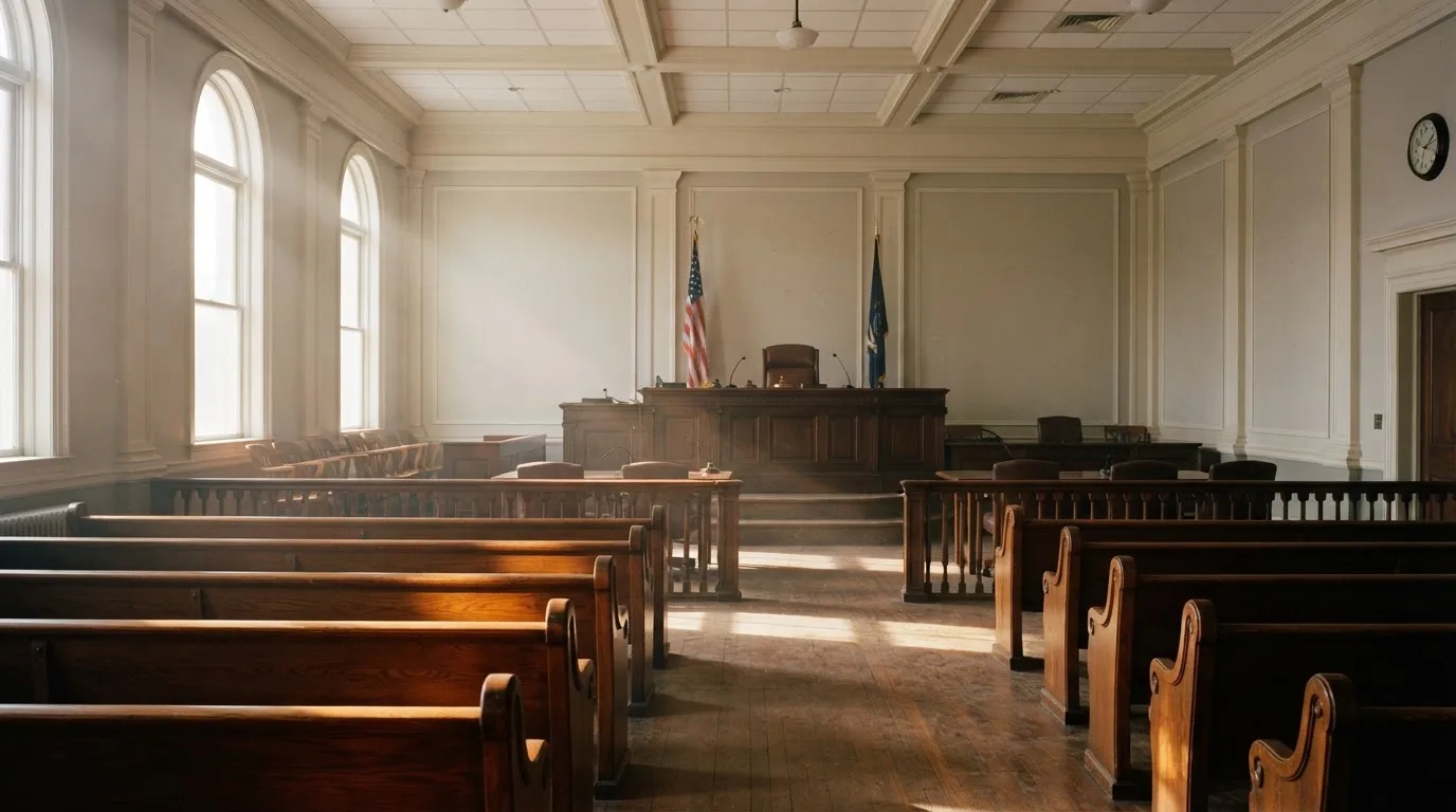 Una sala de tribunal vacía con bancos de madera a la luz de la mañana