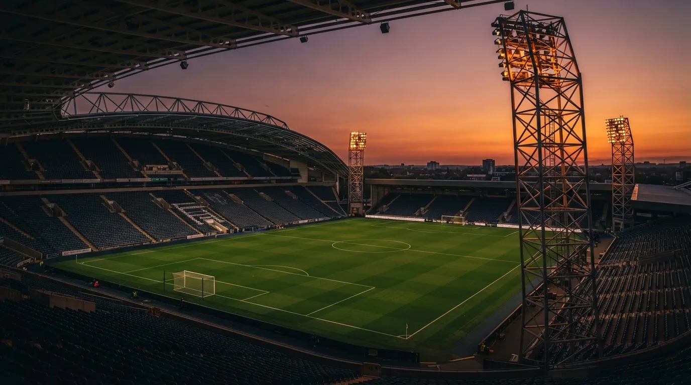 Un estadio de fútbol vacío con torres de iluminación al atardecer