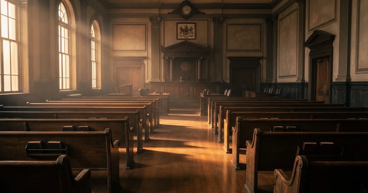 Una sala de tribunal vacía con bancos de madera a la luz de la mañana