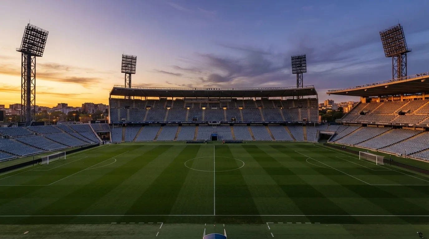 Un estadio de fútbol vacío con torres de iluminación al atardecer