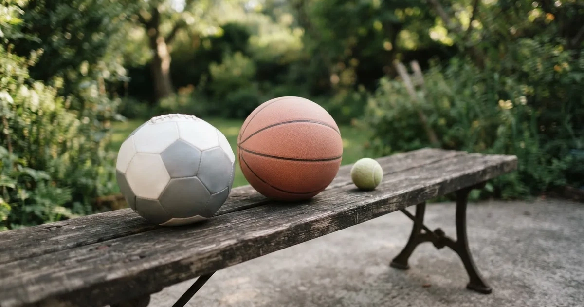 Tres balones de distintos tipos, uno junto a otro, sobre un banco de madera