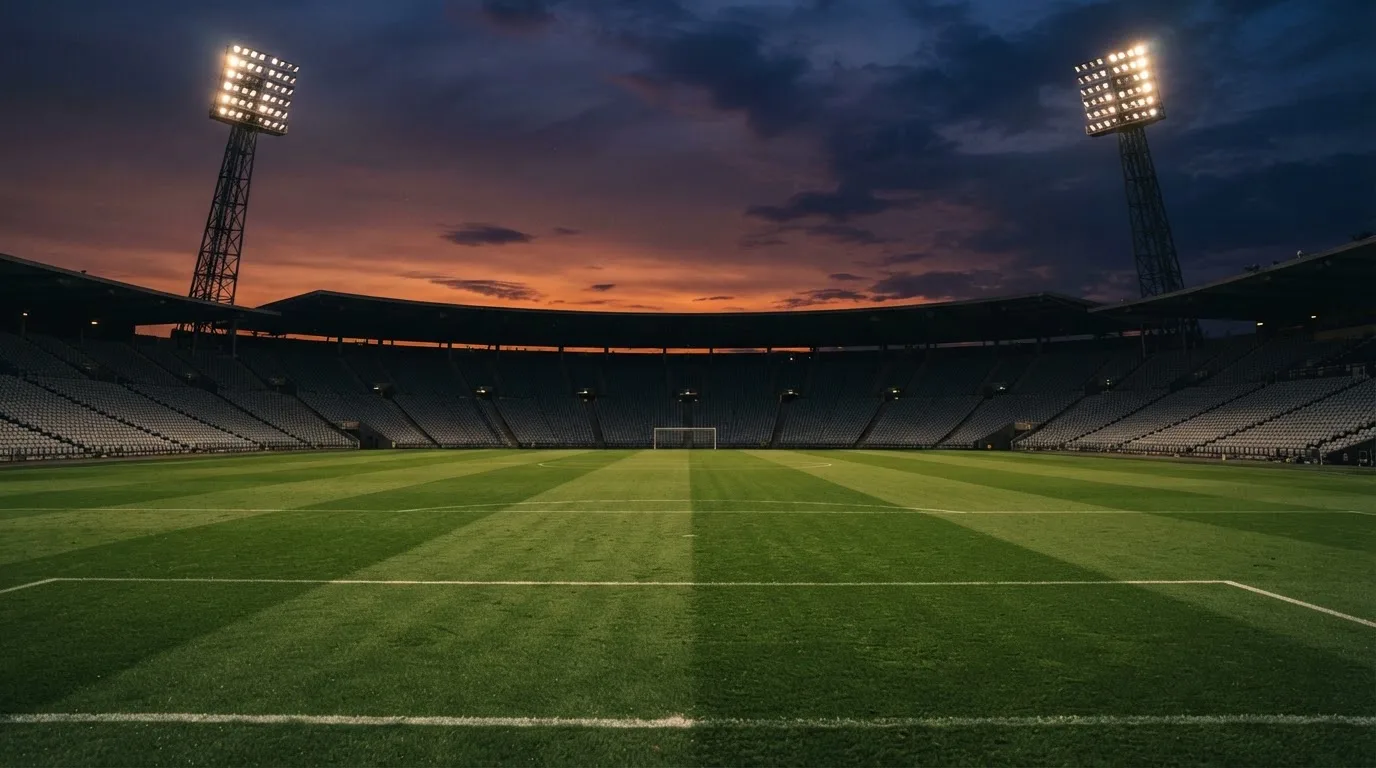 Un estadio de fútbol vacío con torres de iluminación al atardecer