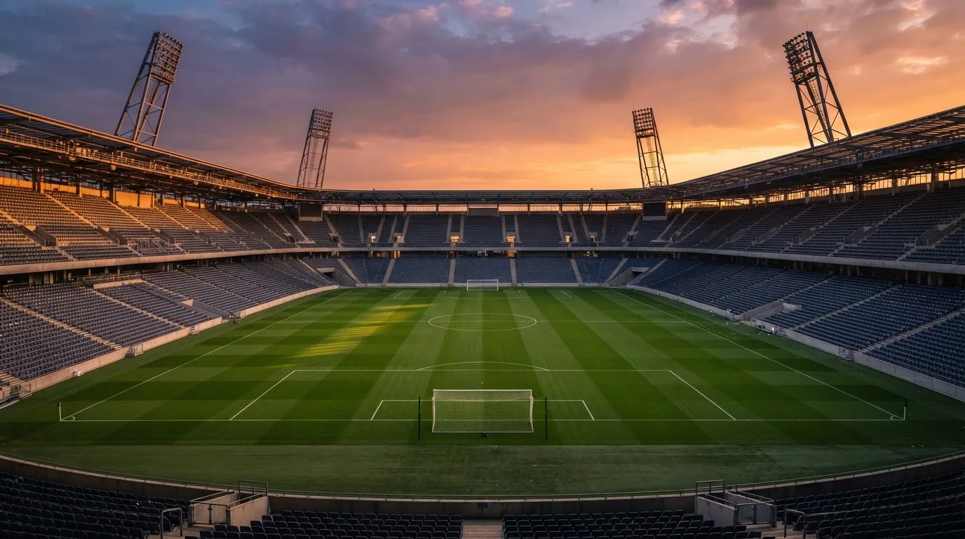 Un estadio de fútbol vacío con torres de iluminación al atardecer