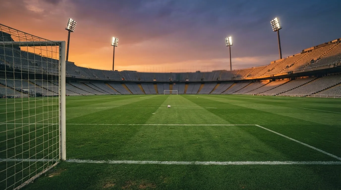 Un estadio de fútbol vacío con torres de iluminación al atardecer