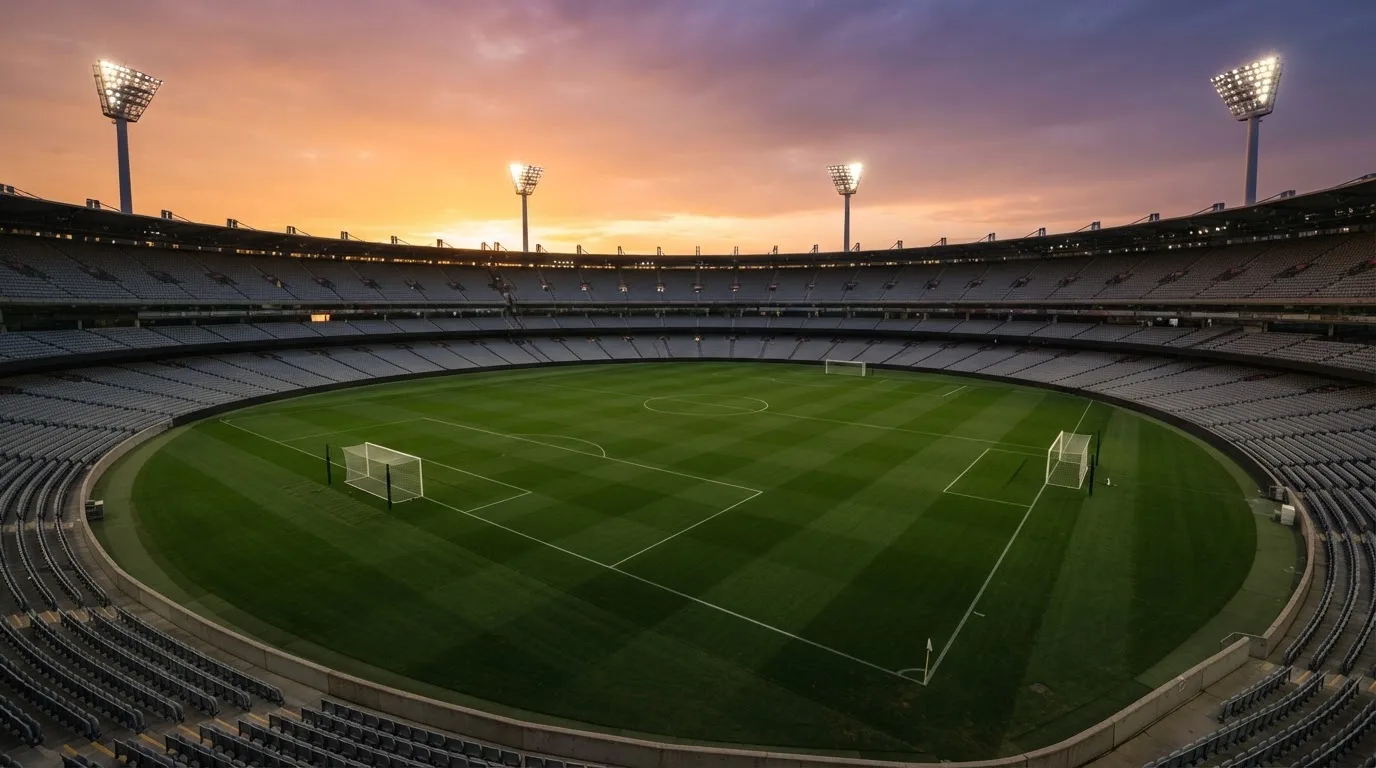 Un estadio de fútbol vacío con torres de iluminación al atardecer