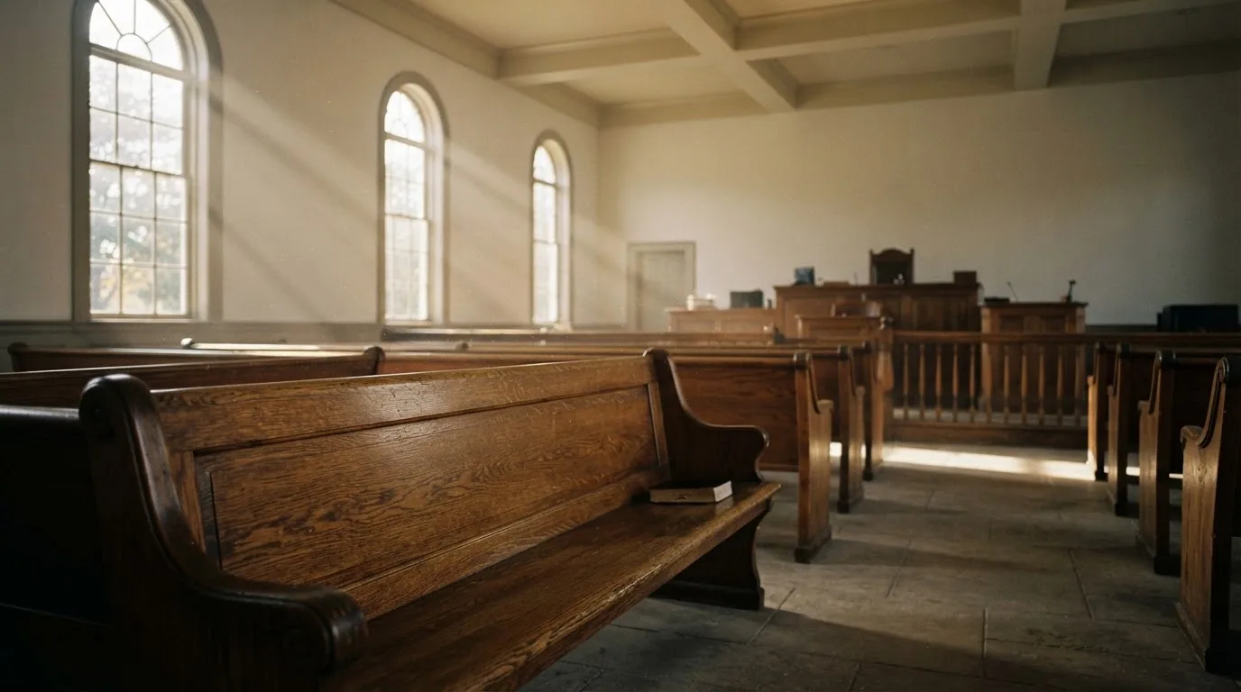 Una sala de tribunal vacía con bancos de madera a la luz de la mañana