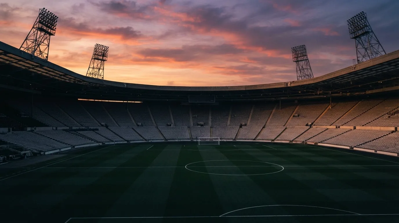 Un estadio de fútbol vacío con torres de iluminación al atardecer