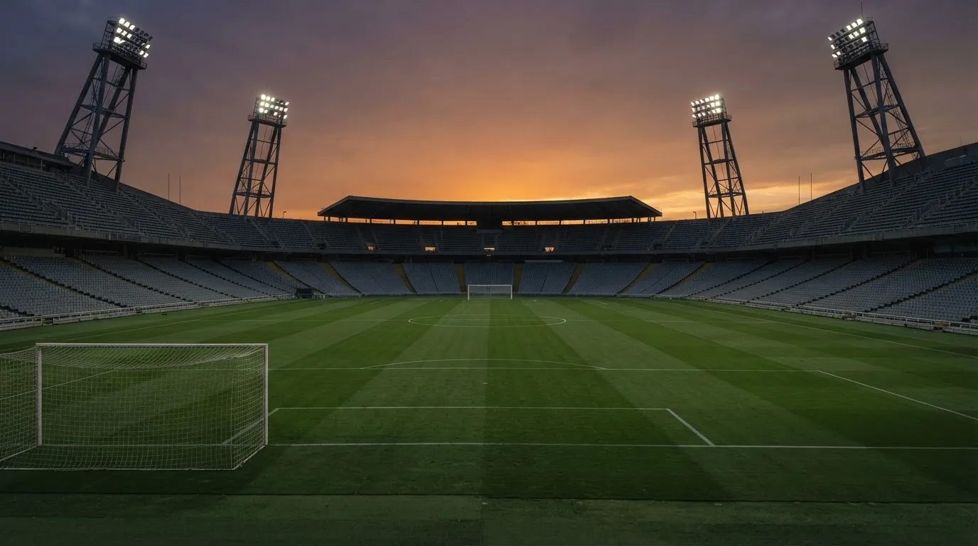 Un estadio de fútbol vacío con torres de iluminación al atardecer