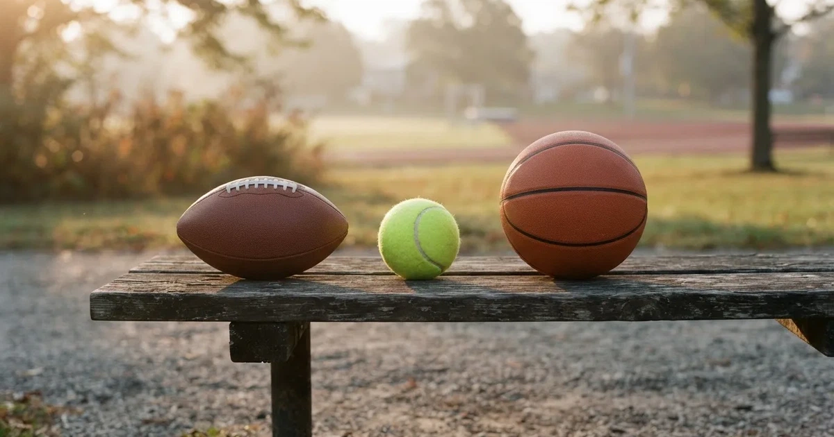 Tres balones de distintos tipos, uno junto a otro, sobre un banco de madera