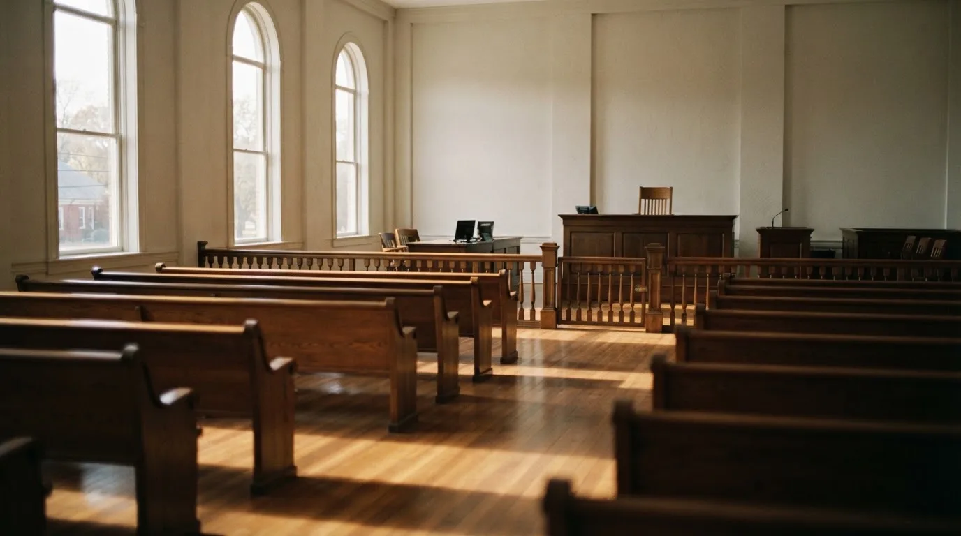 Una sala de tribunal vacía con bancos de madera a la luz de la mañana