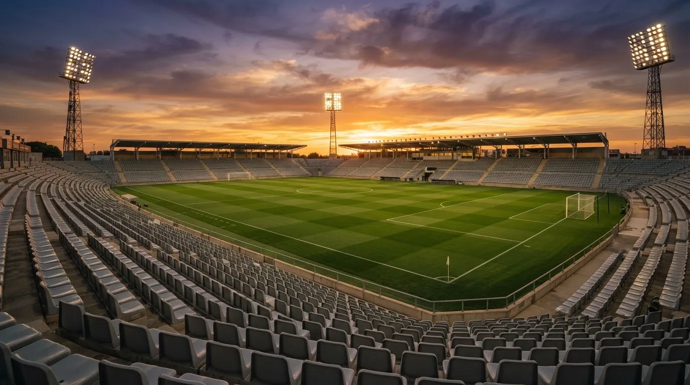 Un estadio de fútbol vacío con torres de iluminación al atardecer