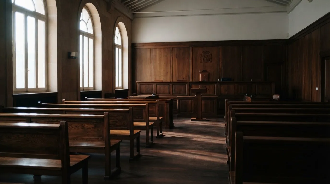 Una sala de tribunal vacía con bancos de madera a la luz de la mañana