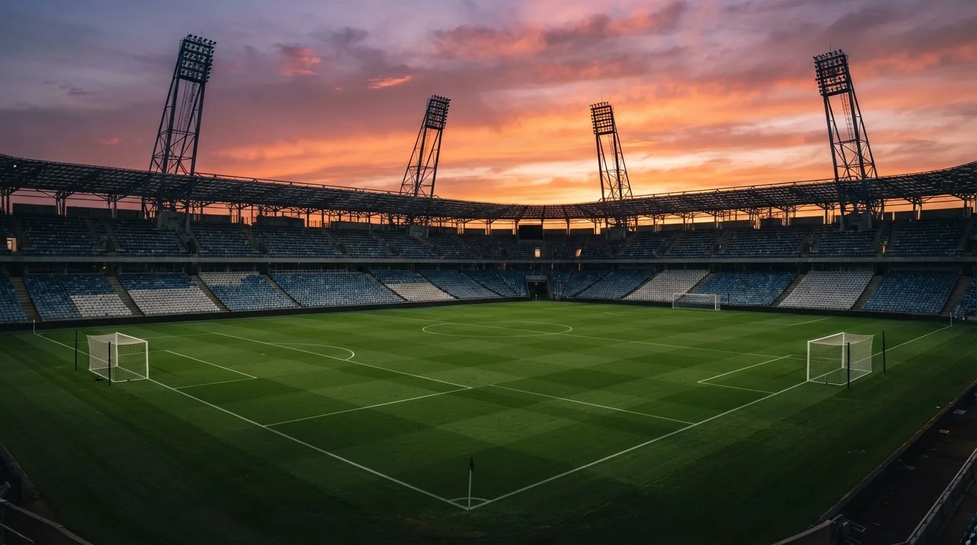Un estadio de fútbol vacío con torres de iluminación al atardecer