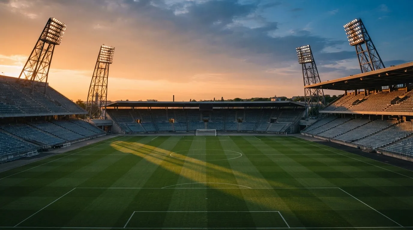 Un estadio de fútbol vacío con torres de iluminación al atardecer