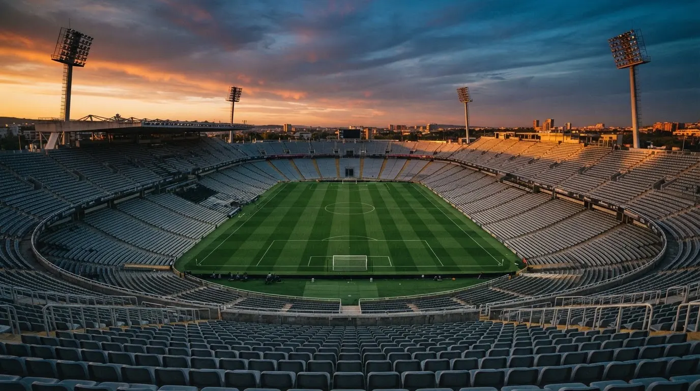 Un estadio de fútbol vacío con torres de iluminación al atardecer