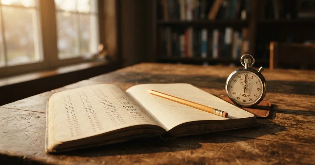 Un cuaderno abierto con un lápiz y un cronómetro sobre una mesa de madera