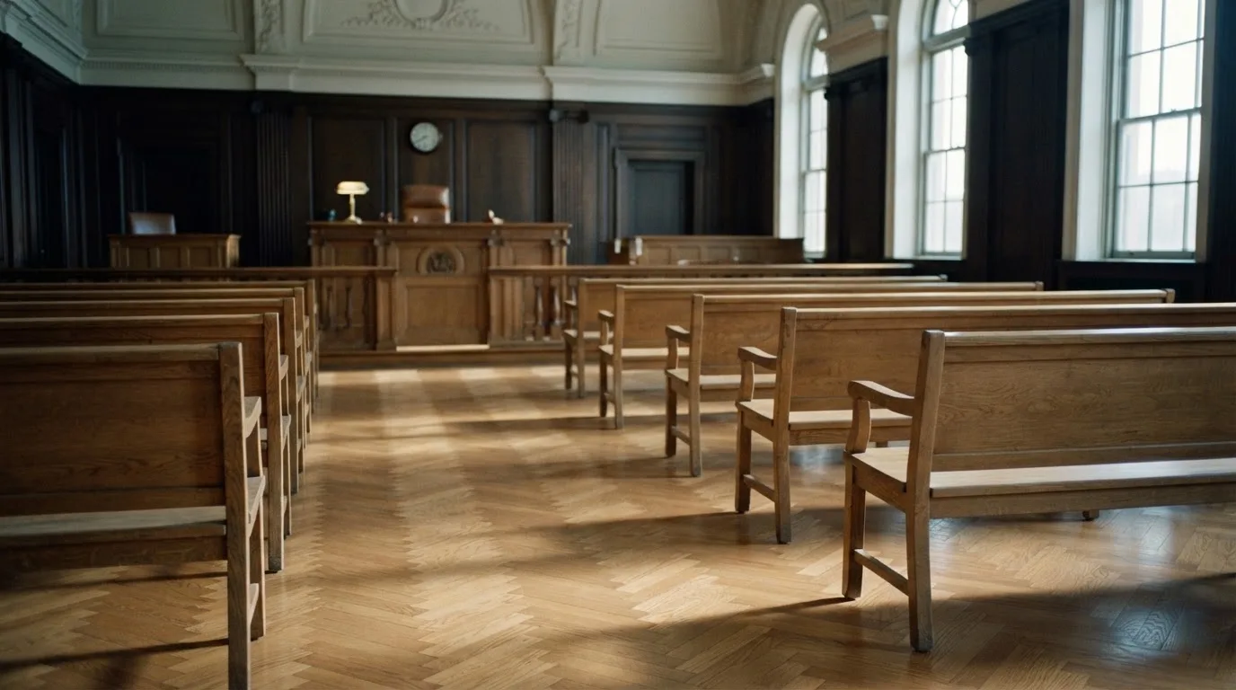 Una sala de tribunal vacía con bancos de madera a la luz de la mañana
