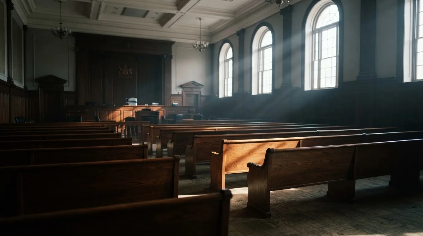 Una sala de tribunal vacía con bancos de madera a la luz de la mañana