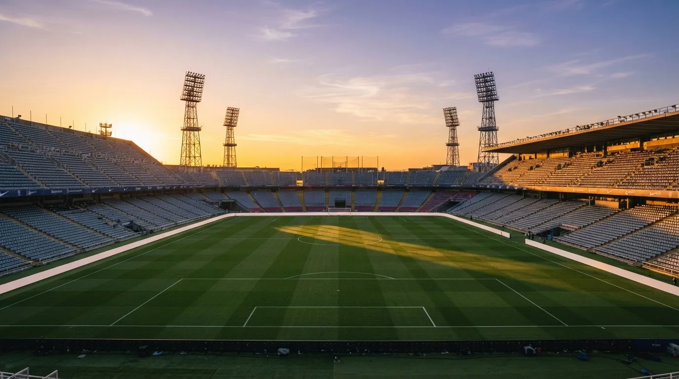 Un estadio de fútbol vacío con torres de iluminación al atardecer