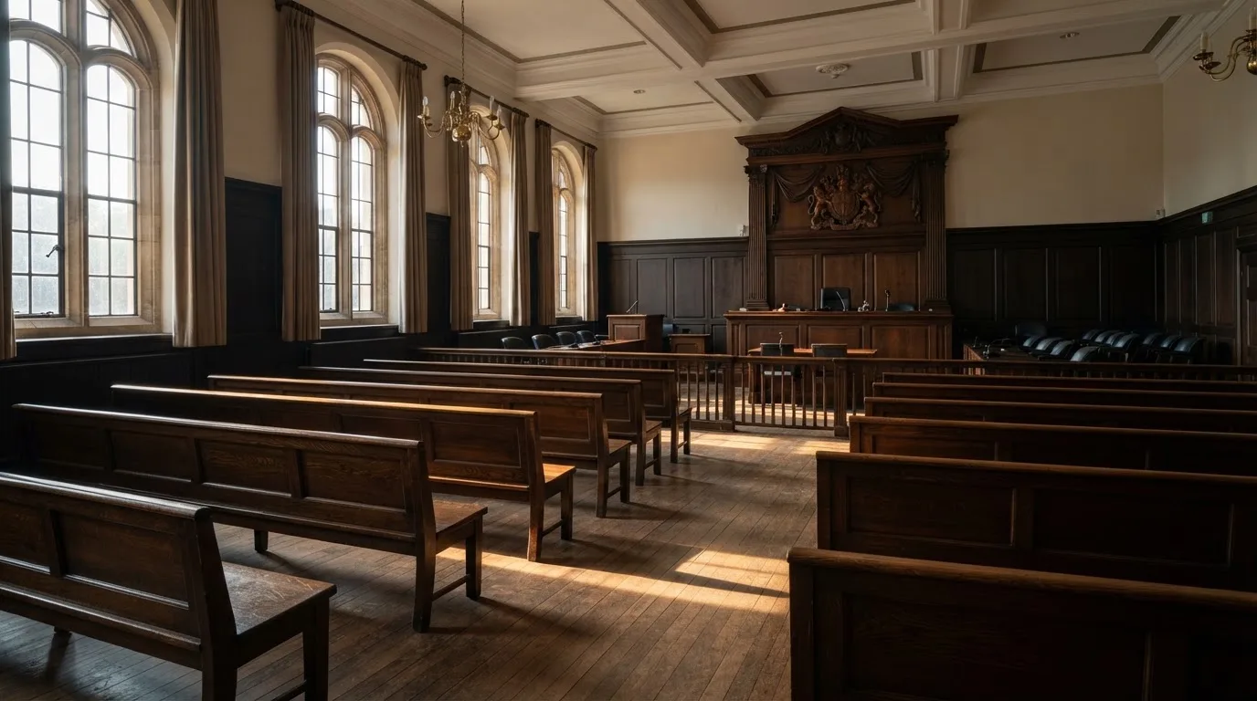 Una sala de tribunal vacía con bancos de madera a la luz de la mañana