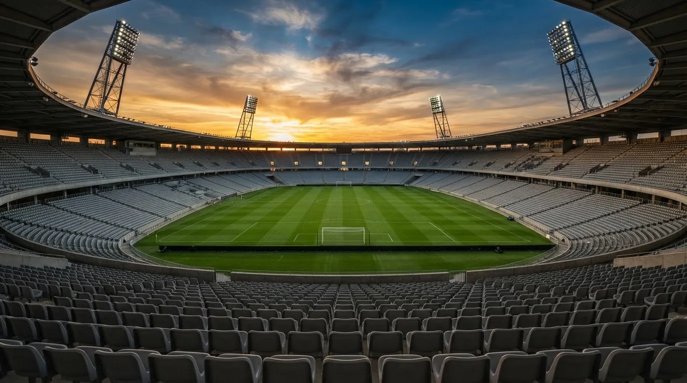 Un estadio de fútbol vacío con torres de iluminación al atardecer