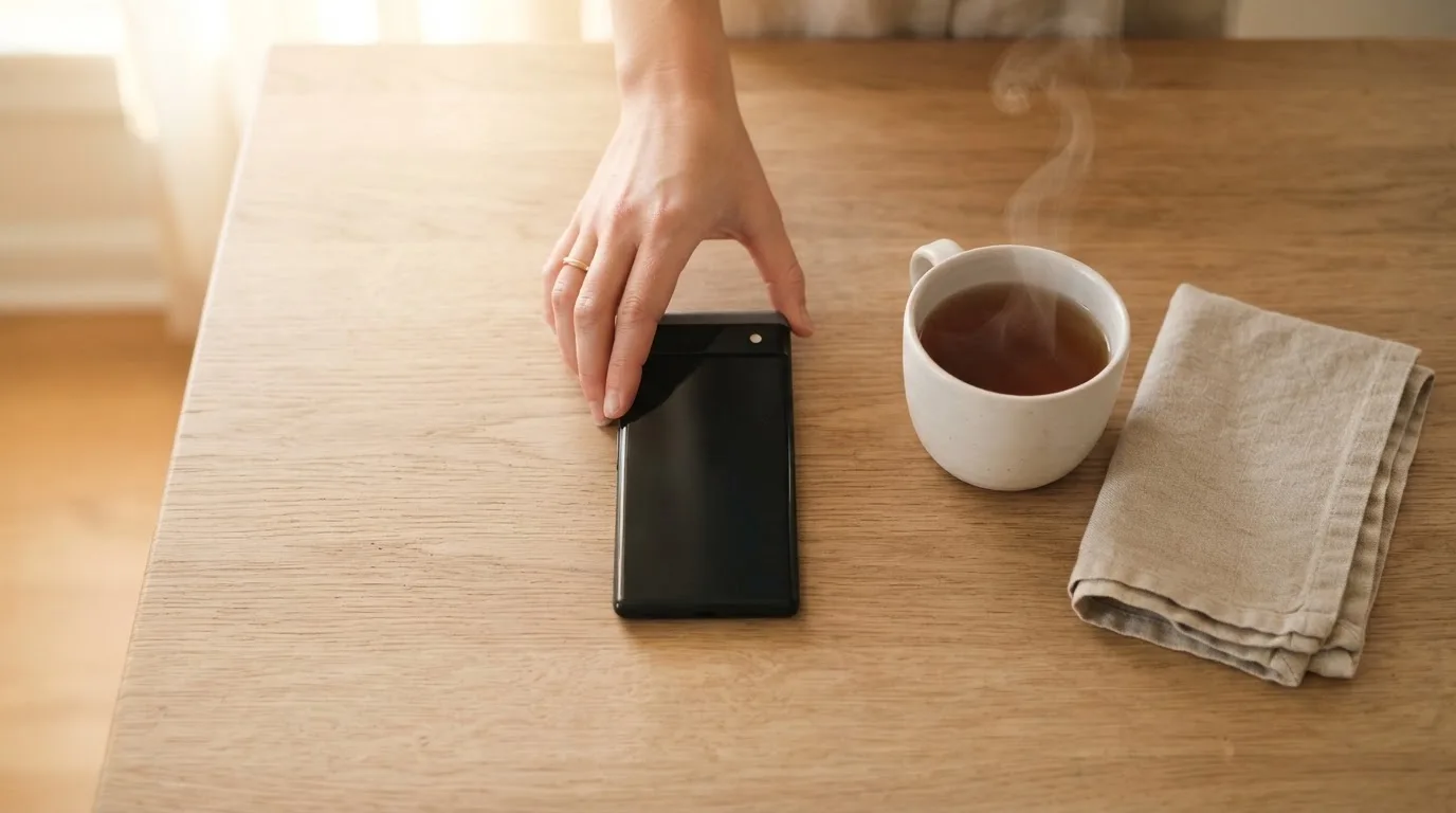 Una mano deja un móvil junto a una taza de té sobre la mesa de la cocina, una tarde tranquila