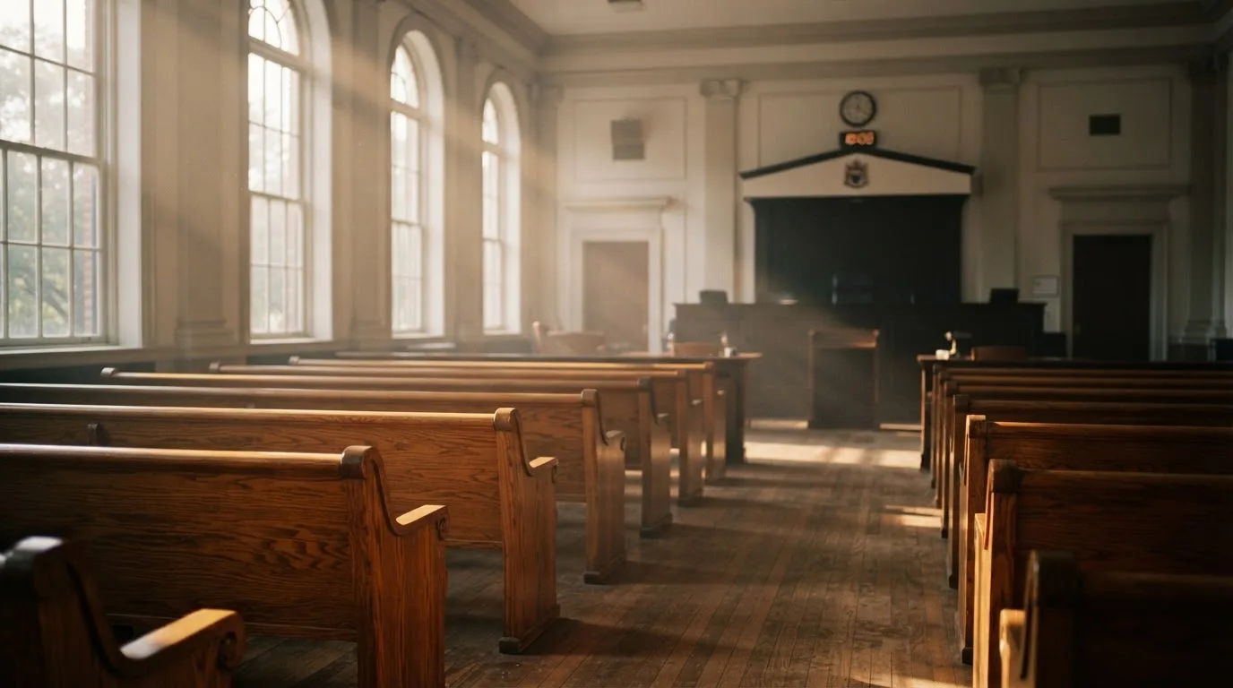 Una sala de tribunal vacía con bancos de madera a la luz de la mañana