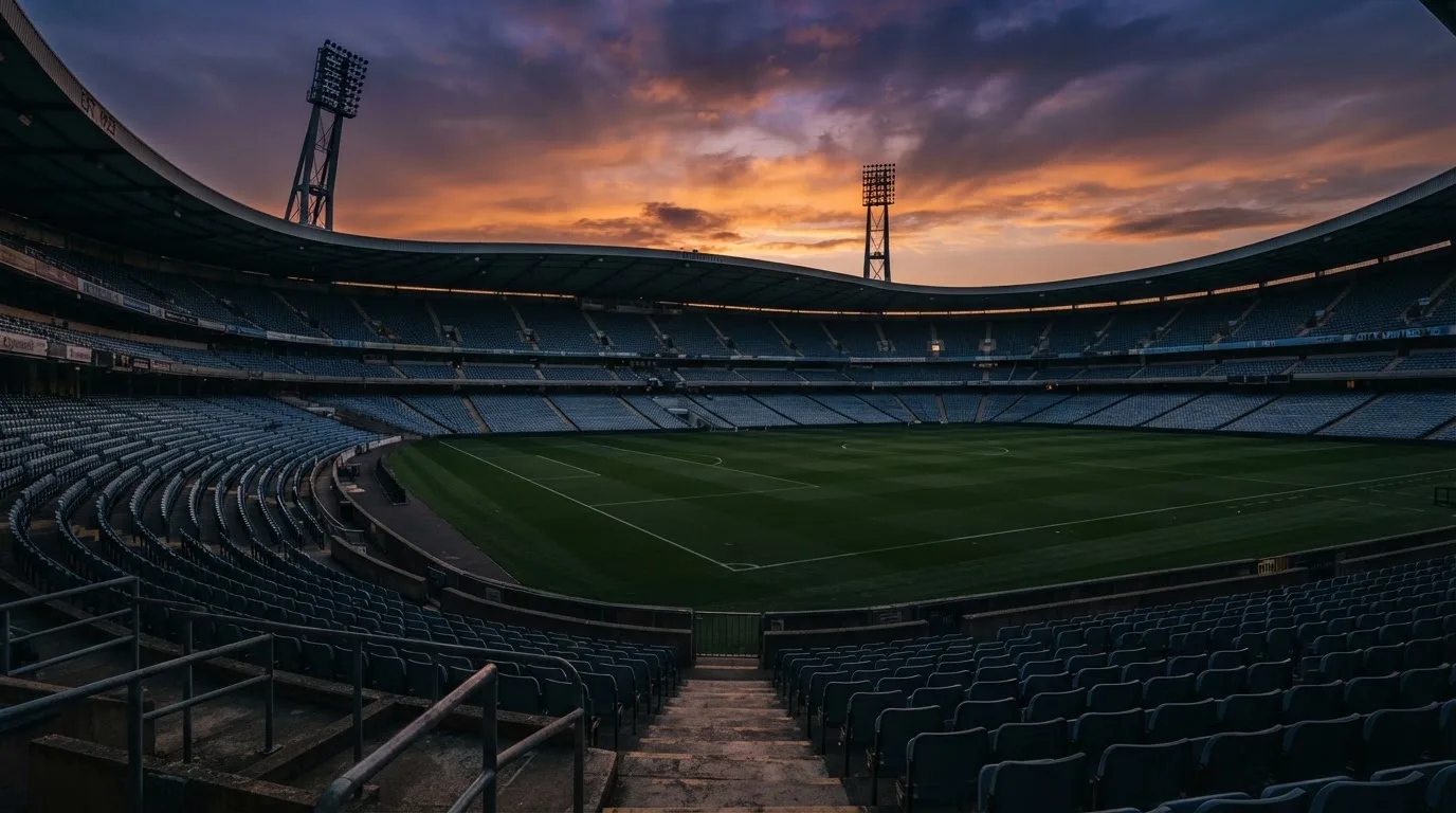 Un estadio de fútbol vacío con torres de iluminación al atardecer