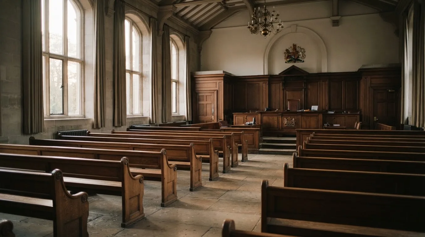 Una sala de tribunal vacía con bancos de madera a la luz de la mañana