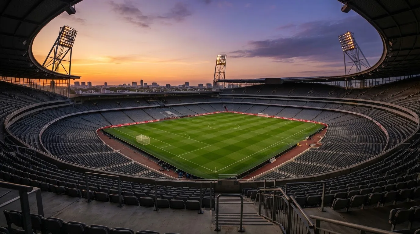 Un estadio de fútbol vacío con torres de iluminación al atardecer
