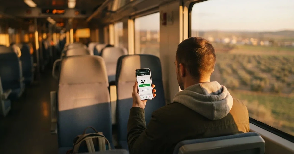 Una mano sostiene un móvil en el tren por la tarde, con la pantalla girada
