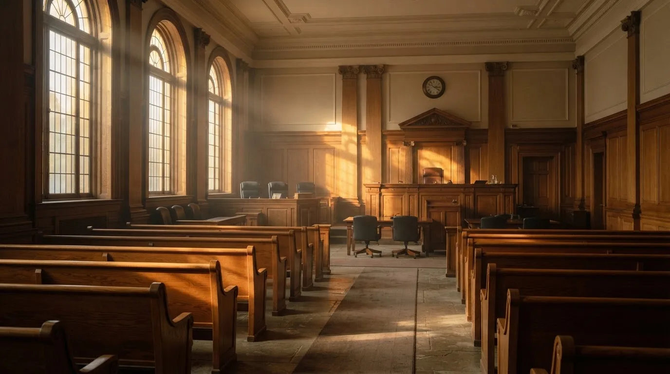 Una sala de tribunal vacía con bancos de madera a la luz de la mañana