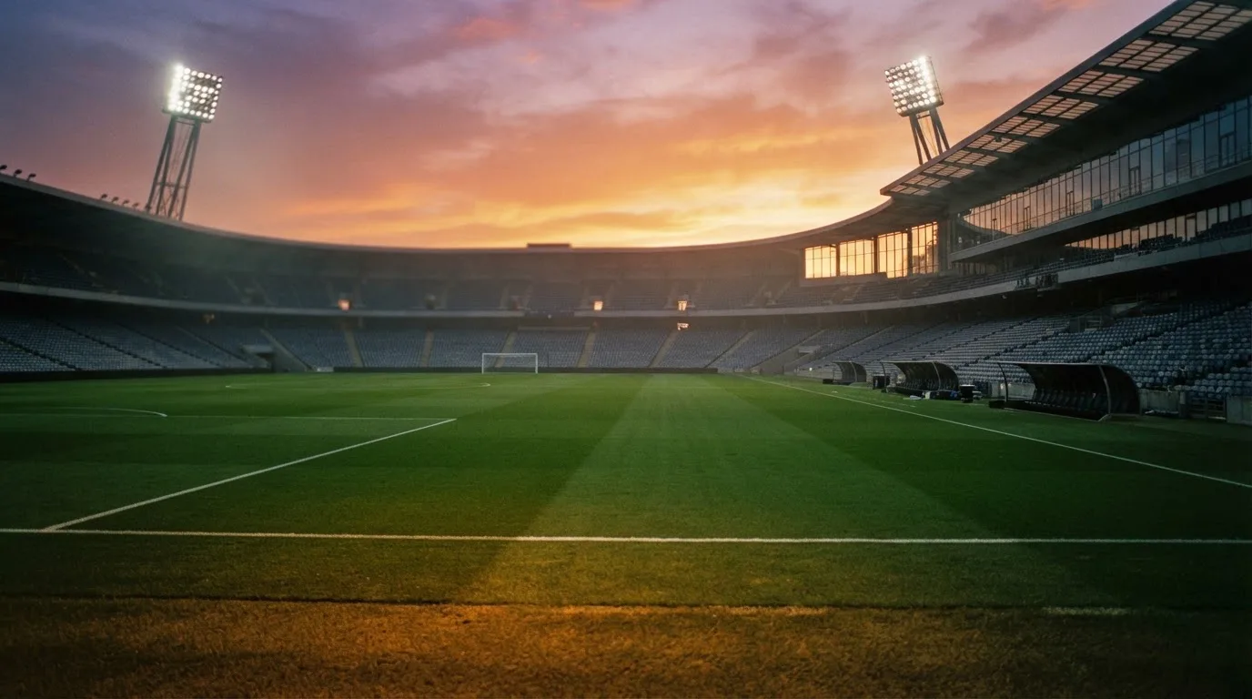 Un estadio de fútbol vacío con torres de iluminación al atardecer