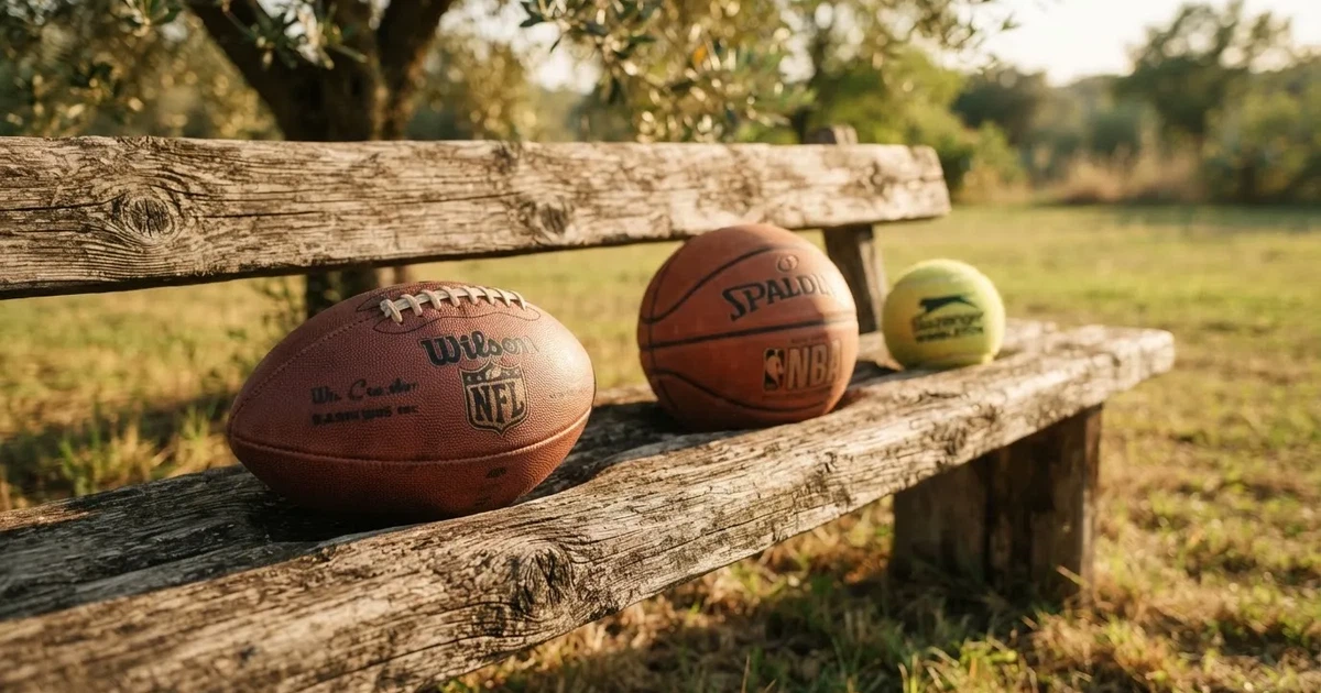 Tres balones de distintos tipos, uno junto a otro, sobre un banco de madera