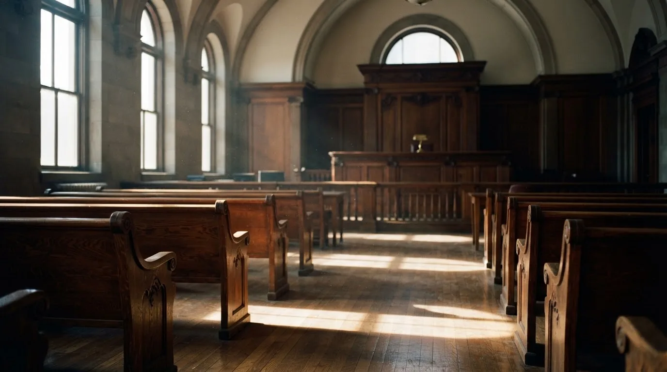 Una sala de tribunal vacía con bancos de madera a la luz de la mañana