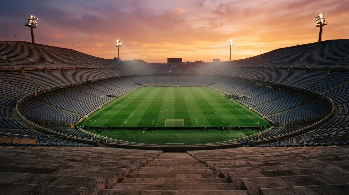 Un estadio de fútbol vacío con torres de iluminación al atardecer