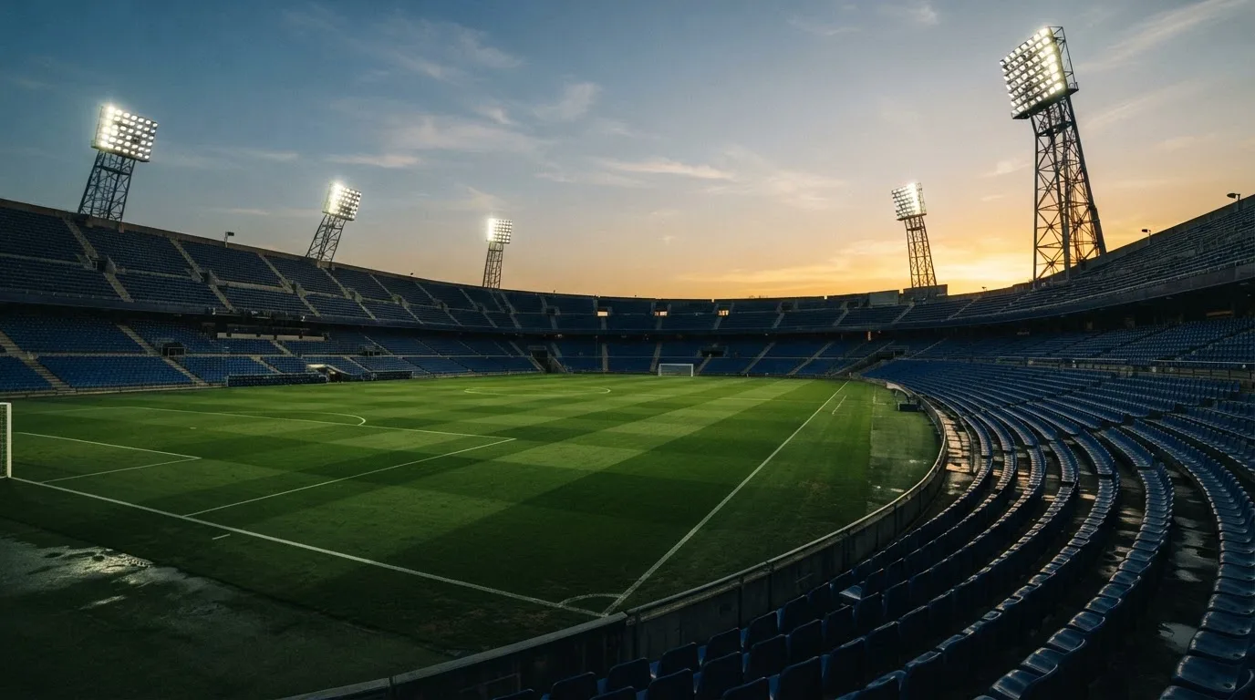 Un estadio de fútbol vacío con torres de iluminación al atardecer
