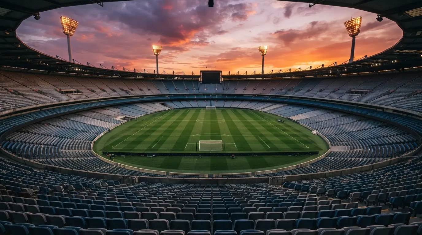 Un estadio de fútbol vacío con torres de iluminación al atardecer